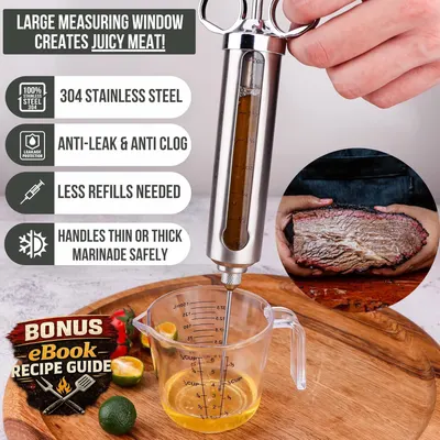 Communicates multiple distinct benefits of the meat injector in a segmented layout with icons and callouts, showing why it's superior for marinating and creating juicy meat.