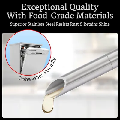 Communicates that the product is made from high-quality, food-safe stainless steel that resists rust, retains shine, and is dishwasher-safe, reassuring shoppers about safety and durability.