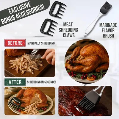 Shows all the bonus accessories included with the product purchase, highlighting the value of the bundle with meat shredding claws and a marinade brush. Demonstrates the transformation from manual…