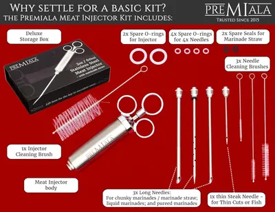 This image showcases all the components included in the Premiala Meat Injector Kit to demonstrate the comprehensive value and completeness of the package compared to basic competitor kits.