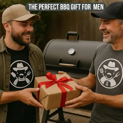 Positions the product as the perfect gift for men who enjoy BBQ, using gift wrapping and lifestyle context to create a gifting occasion appeal.