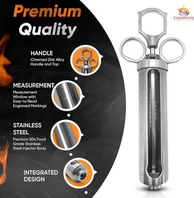 This image breaks down the physical components and material quality of the meat injector, highlighting premium construction features to reassure shoppers of the product's durability and…