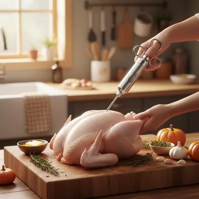 Demonstrates the product in a real-world kitchen setting, showing the meat injector being used to prepare poultry, helping shoppers visualize the product in their own cooking routine.