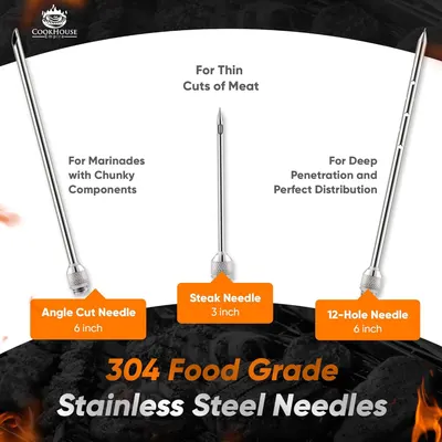 Demonstrates three different needle types and their specific cooking applications (thin cuts, marinades, deep penetration) to show the product's versatility and help shoppers choose the right tool…