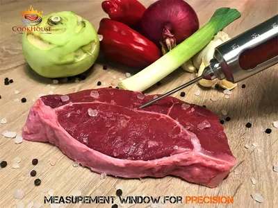 Highlights the precision measurement window feature of the meat thermometer, reassuring shoppers that they can accurately gauge meat temperature for perfect cooking results.