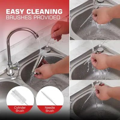 Demonstrates how to clean the product (straws) using the included brushes, showing the simple step-by-step process under running water to reassure shoppers that maintenance is effortless. Shows that…