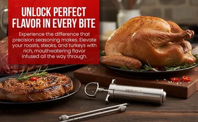 Demonstrates the versatility of the seasoning injector by showing it can be used across multiple types of meat preparations, reassuring shoppers of its broad utility in the kitchen. Communicates the…