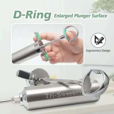 Highlights the D-ring plunger surface design with a zoomed-in view to show the specific ergonomic component and how it functions within the product structure. Communicates the ergonomic design…