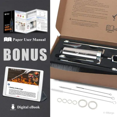 Shows everything included in the package—the meat injector tool, cleaning accessories, and bonus materials (paper user manual and digital eBook)—to communicate value and completeness of the kit.
