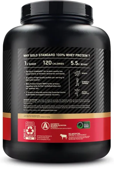 Communicates multiple key nutritional benefits and use cases of the whey protein product to appeal to various fitness goals and lifestyles.