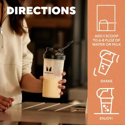 Provides clear step-by-step instructions on how to prepare the protein shake, guiding the shopper through the mixing process from adding the scoop to enjoying the final product.