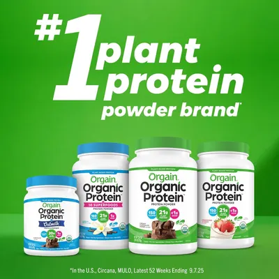 Communicates brand leadership and market dominance by highlighting the #1 position in the plant protein powder category, while showcasing the product line variety to build trust and credibility.