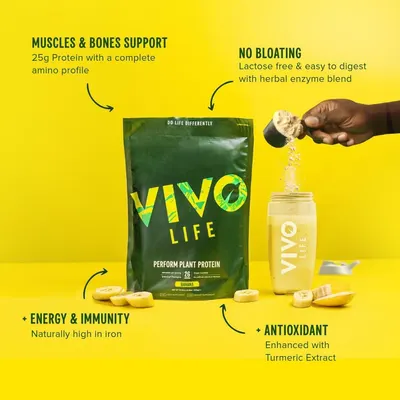 Communicates multiple distinct health benefits of the plant protein product, including muscle support with 25g protein, digestive ease, energy boost from iron, and antioxidant properties from…