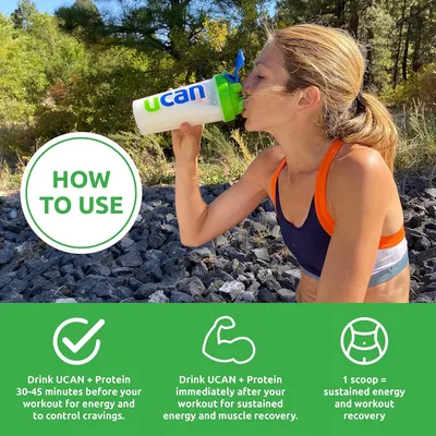 Demonstrates how and when to use the UCAN protein product for optimal workout performance and recovery, providing clear timing instructions for before and after exercise.