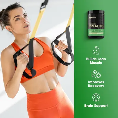 Communicates three distinct benefits of the creatine supplement in a visually segmented layout to show shoppers the multiple ways the product supports their fitness goals.
