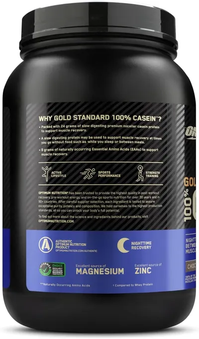 Communicates multiple distinct benefits of the casein protein product including slow-digesting protein content, amino acid support, nighttime recovery timing, and mineral content to help shoppers…