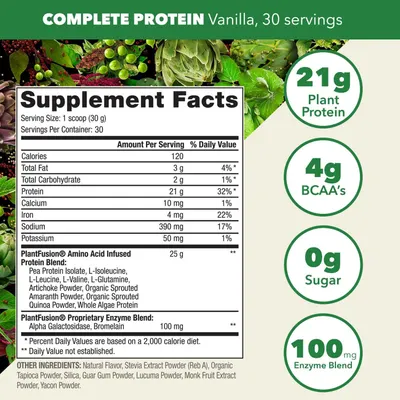 Communicates multiple key nutritional benefits and features of the protein powder in a visually segmented layout to help shoppers quickly understand the product's value proposition.