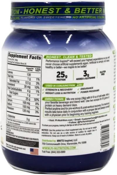 Communicates multiple key product benefits in a segmented layout, including high protein content, added L-Glutamine, gluten-free certification, and versatility across different fitness goals to…