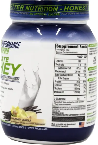 Provides a clean, catalog-style view of the protein powder container showing the supplement facts panel, flavor, and branding to help shoppers understand the product details.