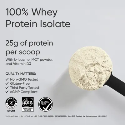 Highlights the high protein content per serving to communicate the product's effectiveness and value for fitness and nutrition goals. Reassures shoppers about product quality, safety, and…