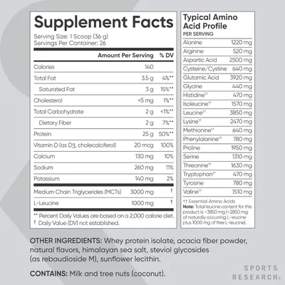 Provides detailed nutritional information and amino acid composition to inform shoppers about the product's ingredients and help them understand what they're consuming per serving.