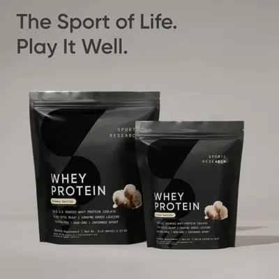 Communicates the brand's emotional positioning and philosophy through the tagline 'The Sport of Life. Play It Well.' while showcasing two size options of the whey protein product line.