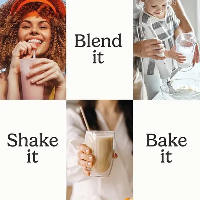 Demonstrates the versatility of the product by showing three distinct applications—blending smoothies, making shakes, and baking—to communicate that it serves multiple purposes in the kitchen.