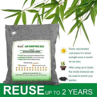 Communicates multiple benefits of the air purifying bag: its 2-year reusability, simple monthly sunlight rejuvenation process, and sustainable end-of-life use as garden enrichment. Emphasizes the…