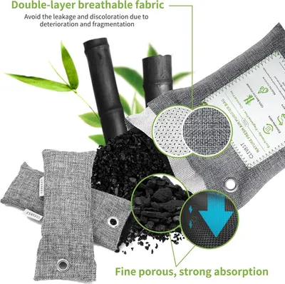Breaks down the physical construction of the charcoal air purifying bags to show the double-layer breathable fabric and fine porous structure that enables strong absorption and prevents leakage and…