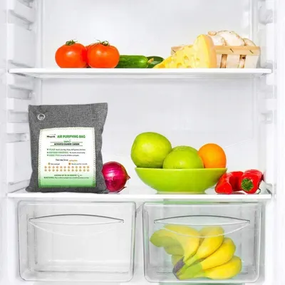 Demonstrates the product's use case in a refrigerator environment to keep food fresh and eliminate odors, showing shoppers where and how to use the air purifying bag. Communicates the primary…