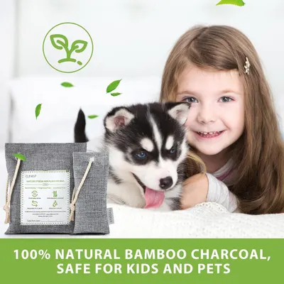 Communicates that the product is made from 100% natural bamboo charcoal and is safe for children and pets, while also being environmentally responsible. Highlights the core benefit of the product…