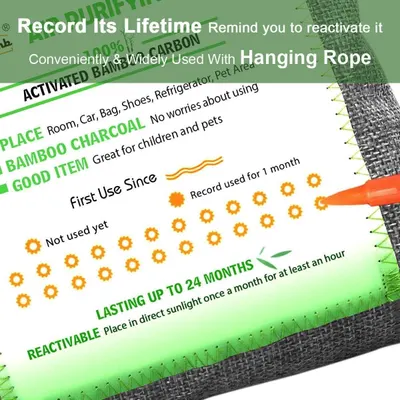 Explains how to use and reactivate the bamboo charcoal product, including placement instructions, usage timeline tracking with visual indicators, and reactivation steps to extend product life up to…