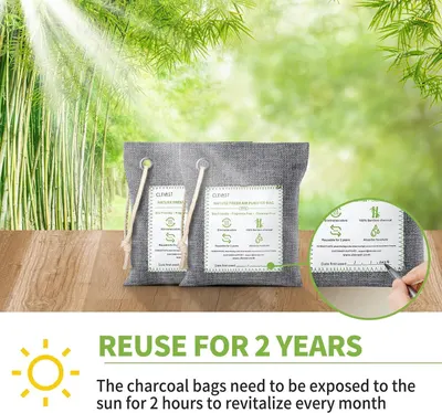 Communicates the product's environmental responsibility and sustainability by highlighting its eco-friendly bamboo charcoal material, reusability for 2 years, and chemical-free nature to appeal to…