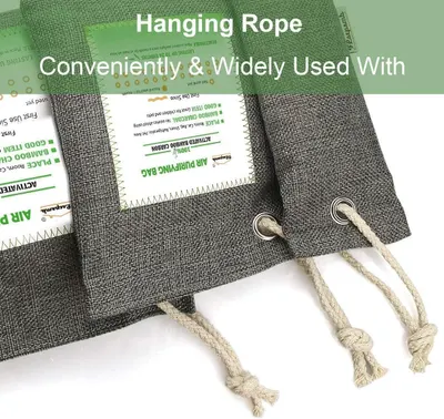 Highlights the product's built-in hanging rope feature with metal grommets, emphasizing ease of use and convenient installation for air purifying bags.