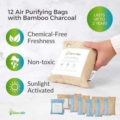 Communicates multiple key benefits of the air purifying bags in a visually segmented layout with icons, emphasizing safety, natural ingredients, activation method, and longevity to reassure shoppers…