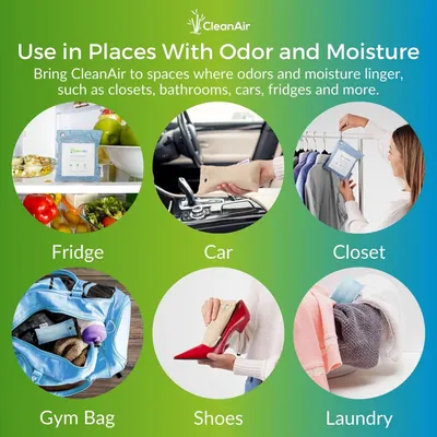 Demonstrates the versatility of CleanAir by showing six different environments where the product can be used to eliminate odor and moisture, helping shoppers understand its wide range of applications.