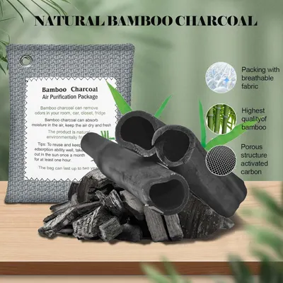 Communicates multiple distinct benefits of the bamboo charcoal air purification product through visually segmented callouts, highlighting the packaging quality, bamboo material quality, and…
