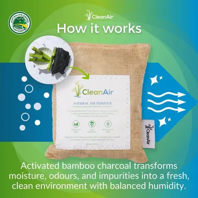 Explains how the natural air purifier works by showing the activated bamboo charcoal ingredient and its transformation process to purify air, remove odors, and balance humidity. Highlights the…