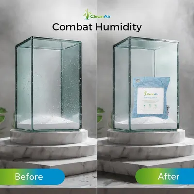 Demonstrates the product's effectiveness at combating humidity by showing a foggy, moisture-filled glass case transformed into a clear, dry environment after using the CleanAir natural air purifier…