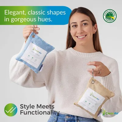 Showcases the brand's product line by displaying multiple color options (blue and yellow) of the air purifying bags, emphasizing style variety and the Australian Owned Certified brand identity.…