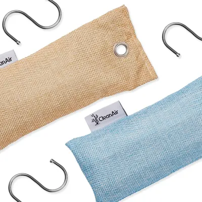 Showcases the brand's product line by displaying two color options (tan and blue) of the same air purifying bag product, helping shoppers understand available variants.