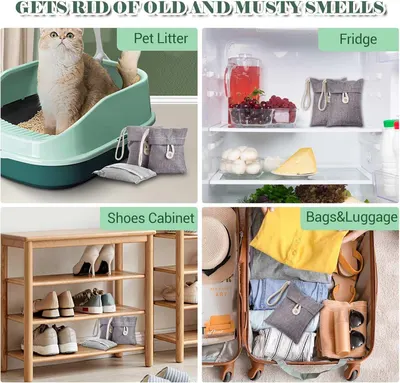 Demonstrates the product's versatility by showing it can eliminate odors in multiple household locations including pet litter areas, refrigerators, shoe cabinets, and luggage/bags. Communicates the…