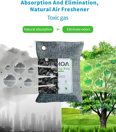 Explains how the charcoal air freshener works by showing the process of absorbing toxic gases and eliminating odors naturally, reassuring shoppers about the product's effectiveness and mechanism.…
