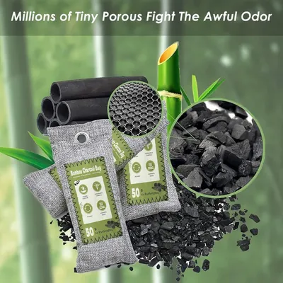 Breaks down the physical components of the bamboo charcoal air purifying bags to show how millions of tiny pores work to absorb and eliminate odors.