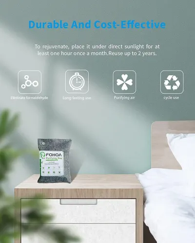 Communicates multiple distinct benefits of the air purifying bag including formaldehyde elimination, longevity (reuse up to 2 years), air purification, and recyclability to reassure shoppers of the…