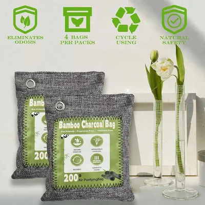 Communicates multiple key benefits of the bamboo charcoal bags in a segmented layout with icons, emphasizing odor elimination, eco-friendliness, reusability, and natural safety to reassure shoppers…