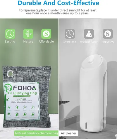 Demonstrates the superiority of the natural bamboo charcoal bag over an air cleaner by highlighting its lasting durability, natural composition, affordability, and reusability versus the…