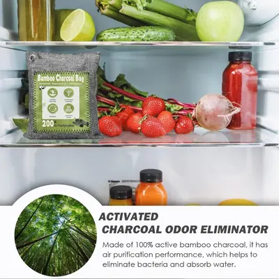 Communicates that the bamboo charcoal bag eliminates odors and purifies air in refrigerators, reassuring shoppers of its effectiveness in keeping food fresh.