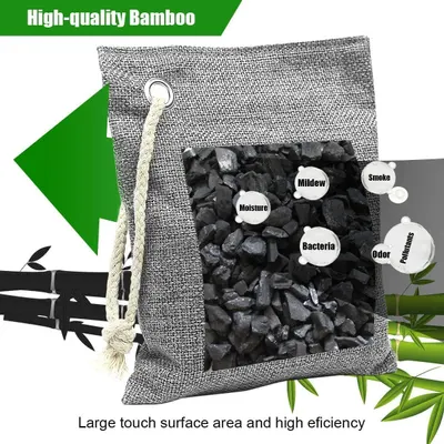Demonstrates the multiple protective benefits of the bamboo charcoal air purifying bag, showing how it eliminates moisture, mildew, bacteria, smoke, odors, and pollutants to reassure shoppers of its…