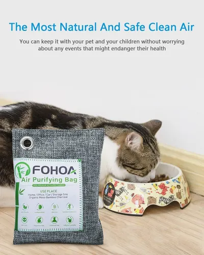 Reassures shoppers that the air purifying bag is natural, safe, and non-toxic for use around pets and children, addressing health and safety concerns. Communicates the primary benefit that the…